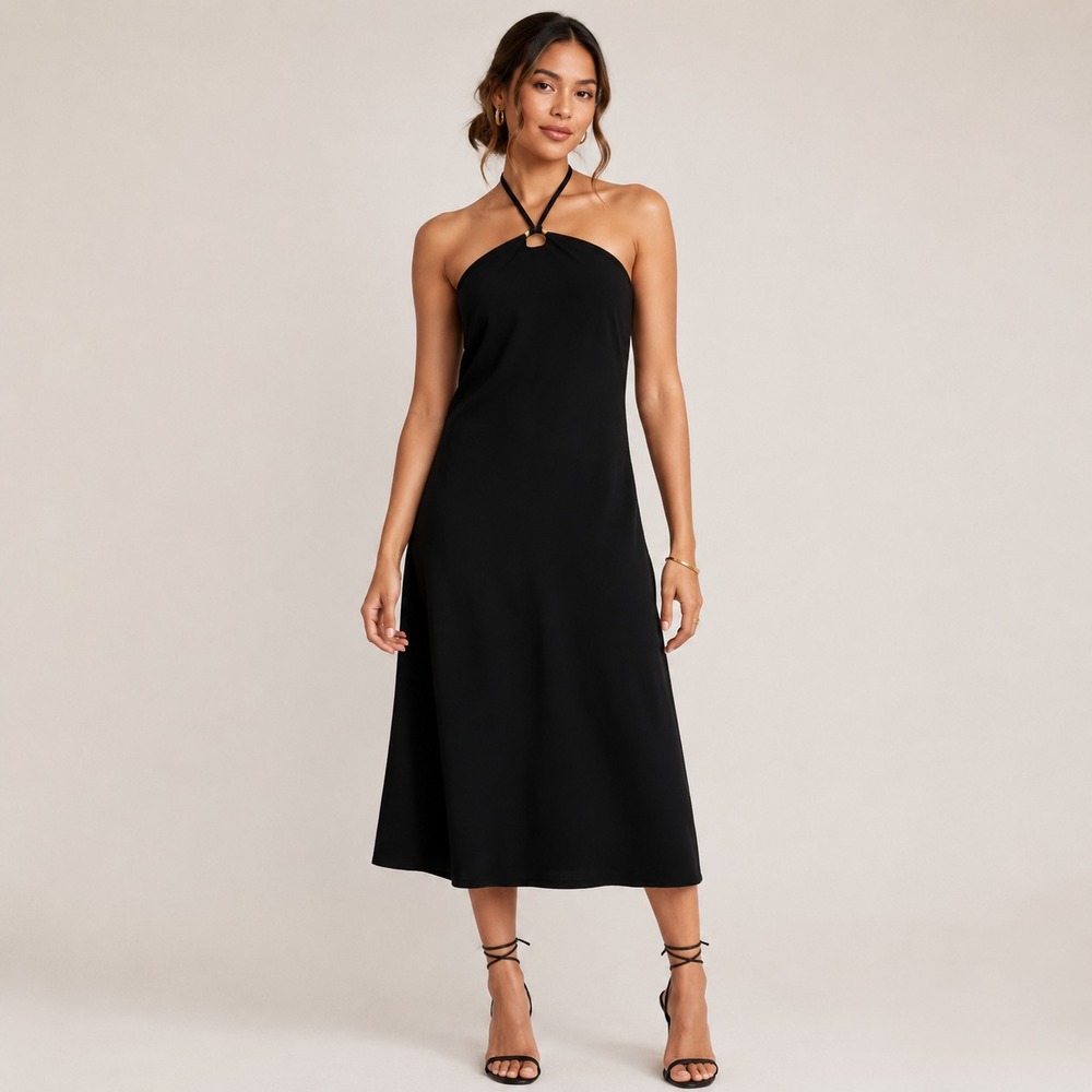 OLD NAVY Women's New Midi Dress LARGE Black O-Ring Halter Stretch